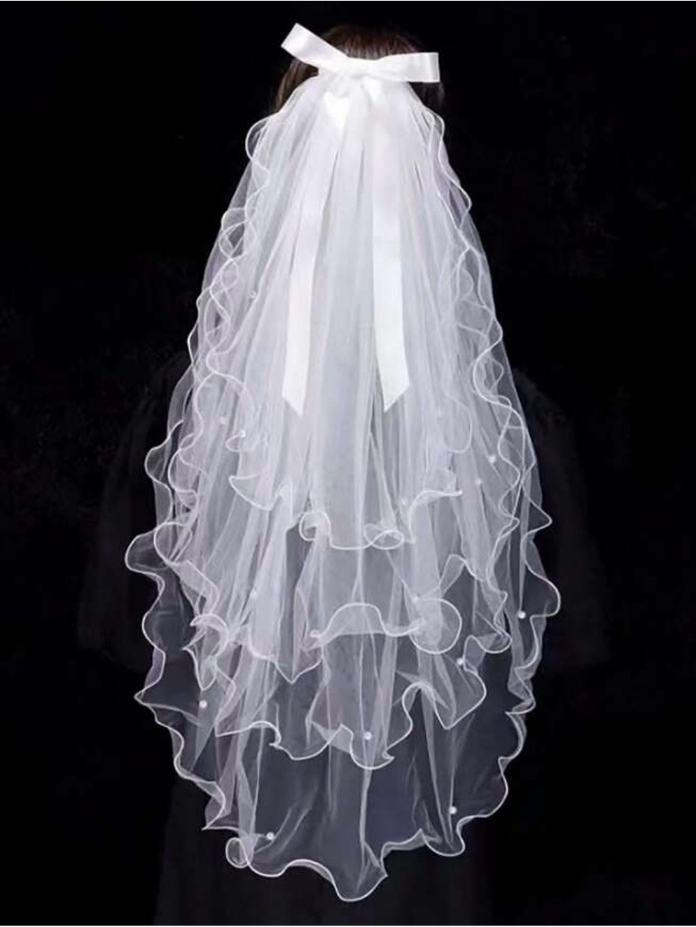 White Layered Ruffle Tiered Wedding Mesh Bridal Veil with Bow Accent SO FUN